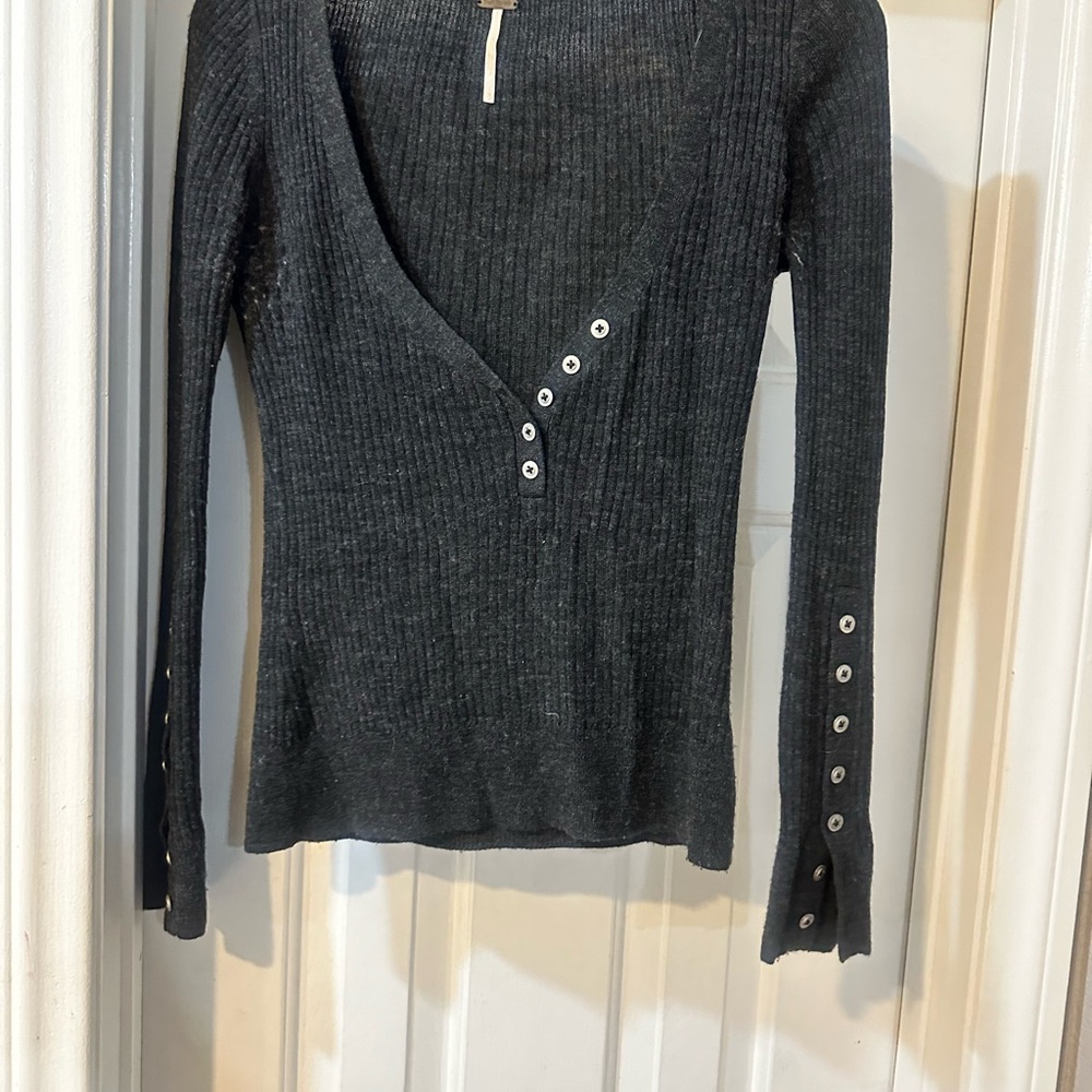 Free People Black Ribbed V-Neck Long Sleeve Top with Button Accents